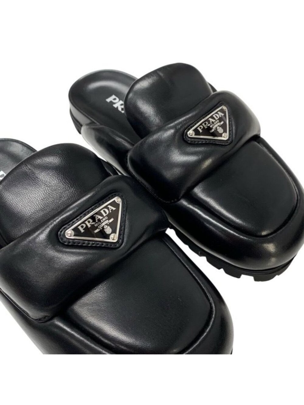 Prada Sandals Shoes Leather Black Triangle Logo Padded Nappa Sabot Mule - Picture 9 of 10